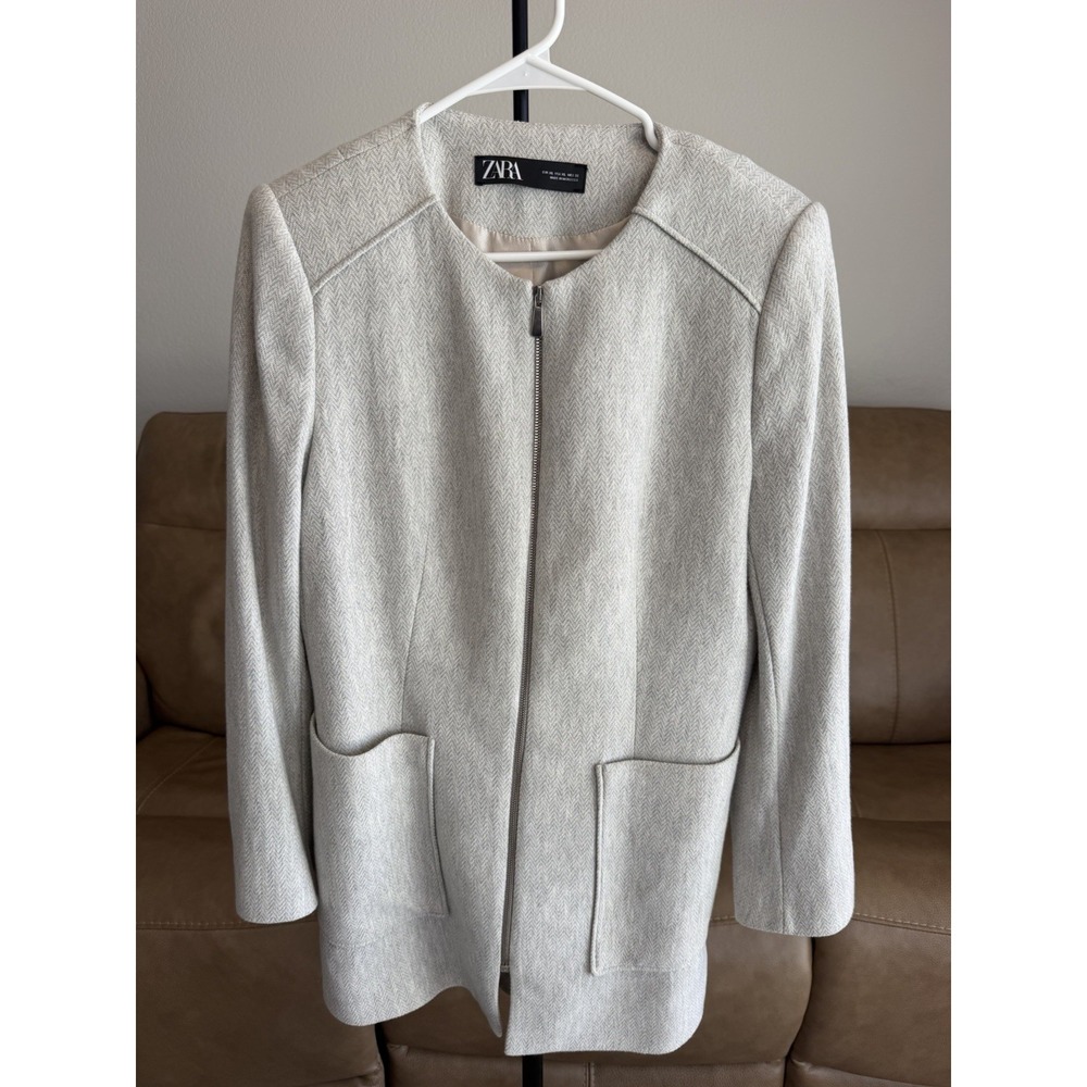 Zara Womens XL Herringbone Longline Jacket Gray Collarless Zip Front Pockets